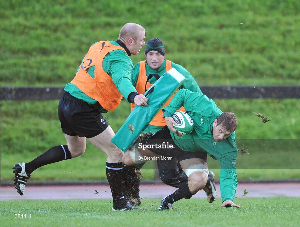 4 November 2009; Flanker Chris Henry in action against Paul O'Connell and Neil Best during Ireland rugby squad training. University of Limerick, Limerick. Picture credit: Brendan Moran / SPORTSFILE
