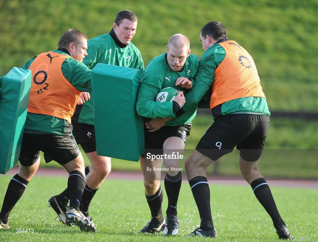 4 November 2009; Lock Paul O'Connell is tackled by, from left, Tom Court, Donnacha Ryan and Devin Toner during Ireland rugby squad training. University of Limerick, Limerick. Picture credit: Brendan Moran / SPORTSFILE
