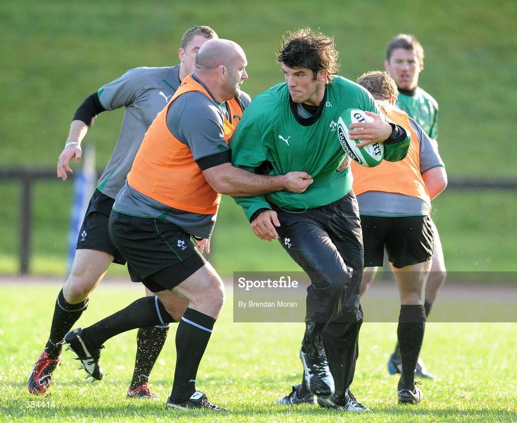 4 November 2009; Donncha O'Calllaghan is tackled by John Hayes during Ireland rugby squad training. University of Limerick, Limerick. Picture credit: Brendan Moran / SPORTSFILE