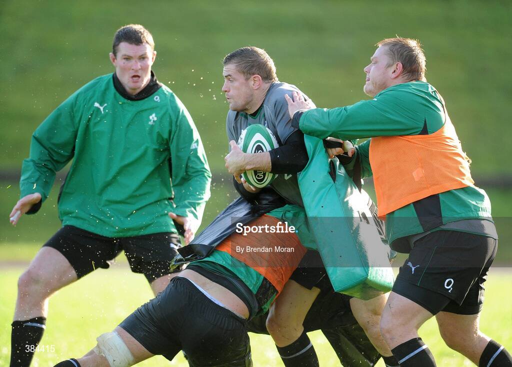4 November 2009; Flanker Jamie Heaslip is tackled by Tom Court, right, during Ireland rugby squad training. University of Limerick, Limerick. Picture credit: Brendan Moran / SPORTSFILE