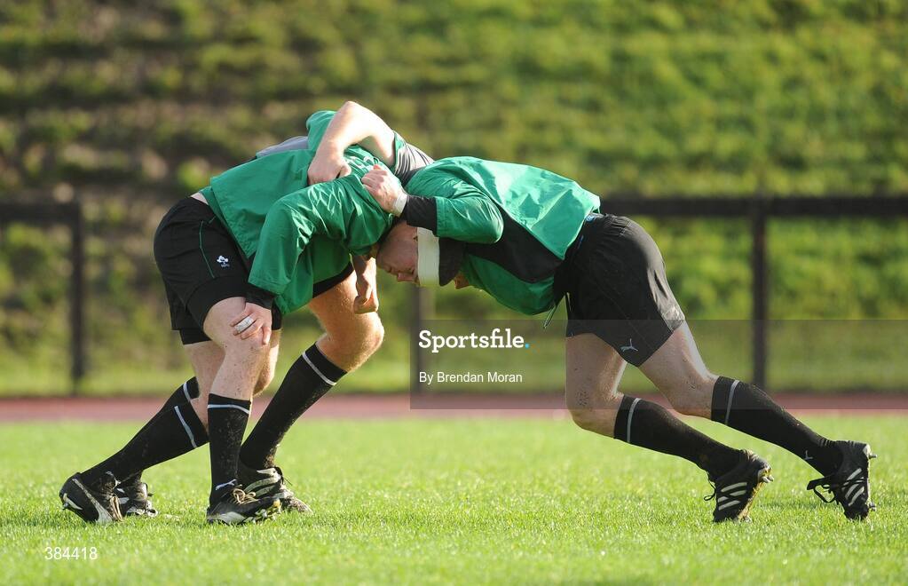 4 November 2009; Lock Paul O'Connell, right, pushes against fellow locks Donnacha Ryan and Devin Toner at scrummage practice during Ireland rugby squad training. University of Limerick, Limerick. Picture credit: Brendan Moran / SPORTSFILE