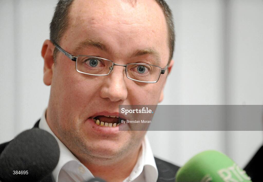 7 November 2009; An emotional Pat McDaid, Chairman of Derry City FC, speaking after an FAI Board Meeting where Derry City had their contract to compete in the League of Ireland terminated. FAI Headquarters, Abbotstown, Co. Dublin. Picture credit: Brendan Moran / SPORTSFILE