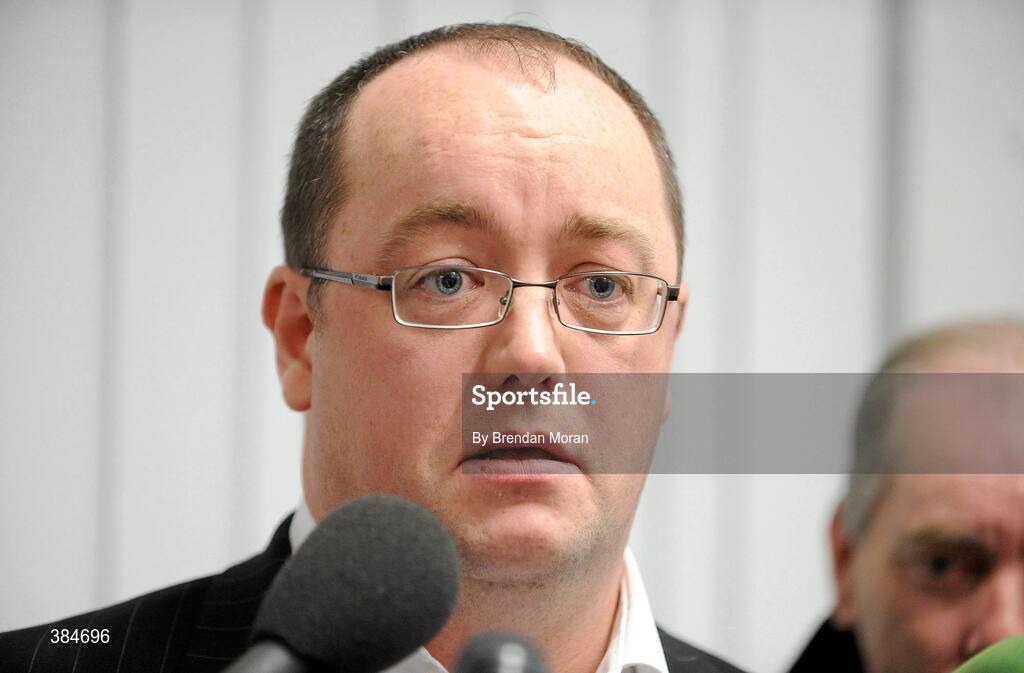 7 November 2009; An emotional Pat McDaid, Chairman of Derry City FC, speaking after an FAI Board Meeting where Derry City had their contract to compete in the League of Ireland terminated. FAI Headquarters, Abbotstown, Co. Dublin. Picture credit: Brendan Moran / SPORTSFILE