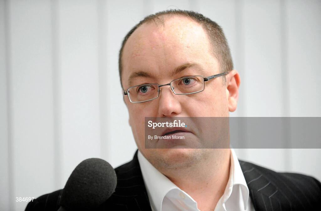 7 November 2009; An emotional Pat McDaid, Chairman of Derry City FC, speaking after an FAI Board Meeting where Derry City had their contract to compete in the League of Ireland terminated. FAI Headquarters, Abbotstown, Co. Dublin. Picture credit: Brendan Moran / SPORTSFILE