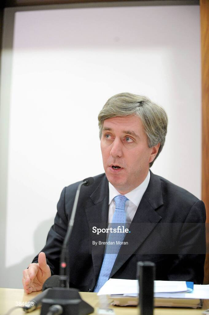 7 November 2009; John Delaney, Chief Executive of the FAI, speaking after an FAI Board Meeting where Derry City had their contract to compete in the League of Ireland terminated. FAI Headquarters, Abbotstown, Co. Dublin. Picture credit: Brendan Moran / SPORTSFILE