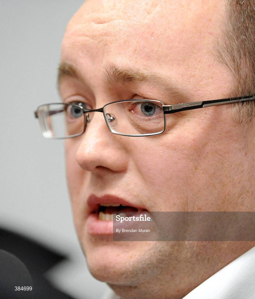 7 November 2009; An emotional Pat McDaid, Chairman of Derry City FC, speaking after an FAI Board Meeting where Derry City had their contract to compete in the League of Ireland terminated. FAI Headquarters, Abbotstown, Co. Dublin. Picture credit: Brendan Moran / SPORTSFILE