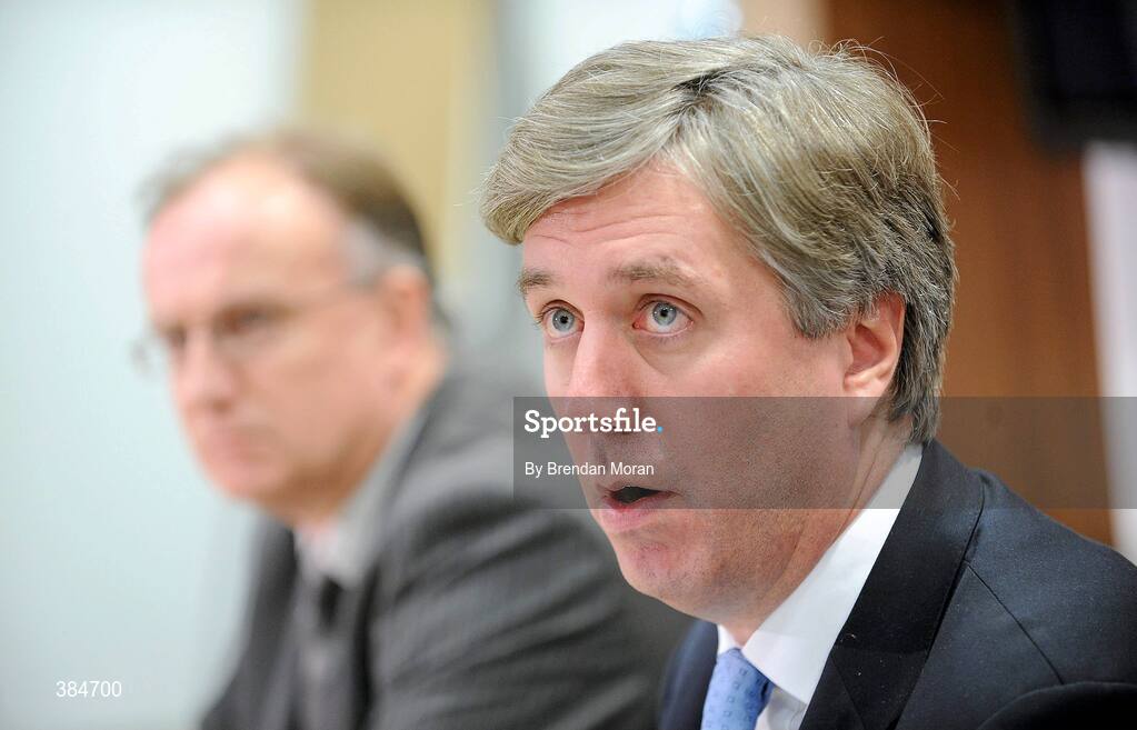 7 November 2009; John Delaney, Chief Executive of the FAI, in the company of Fran Gavin, Director of the League of Ireland, speaking after an FAI Board Meeting where Derry City had their contract to compete in the League of Ireland terminated. FAI Headquarters, Abbotstown, Co. Dublin. Picture credit: Brendan Moran / SPORTSFILE