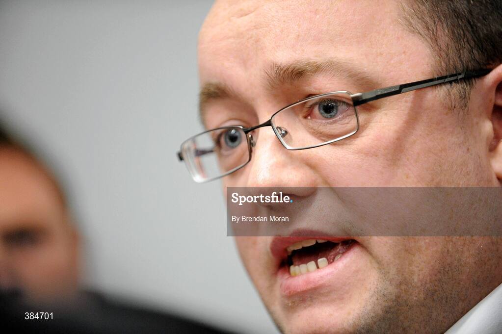 7 November 2009; An emotional Pat McDaid, Chairman of Derry City FC, speaking after an FAI Board Meeting where Derry City had their contract to compete in the League of Ireland terminated. FAI Headquarters, Abbotstown, Co. Dublin. Picture credit: Brendan Moran / SPORTSFILE