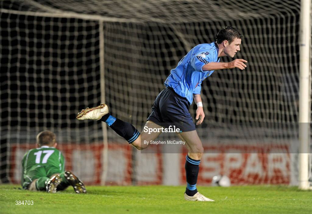 7 November 2009; Ciaran Kilduff, UCD, celebrates after scoring his side's first goal past Kevin Burns, Waterford United. League of Ireland First Division, UCD v Waterford United, Belfield Bowl, Dublin. Picture credit: Stephen McCarthy / SPORTSFILE
