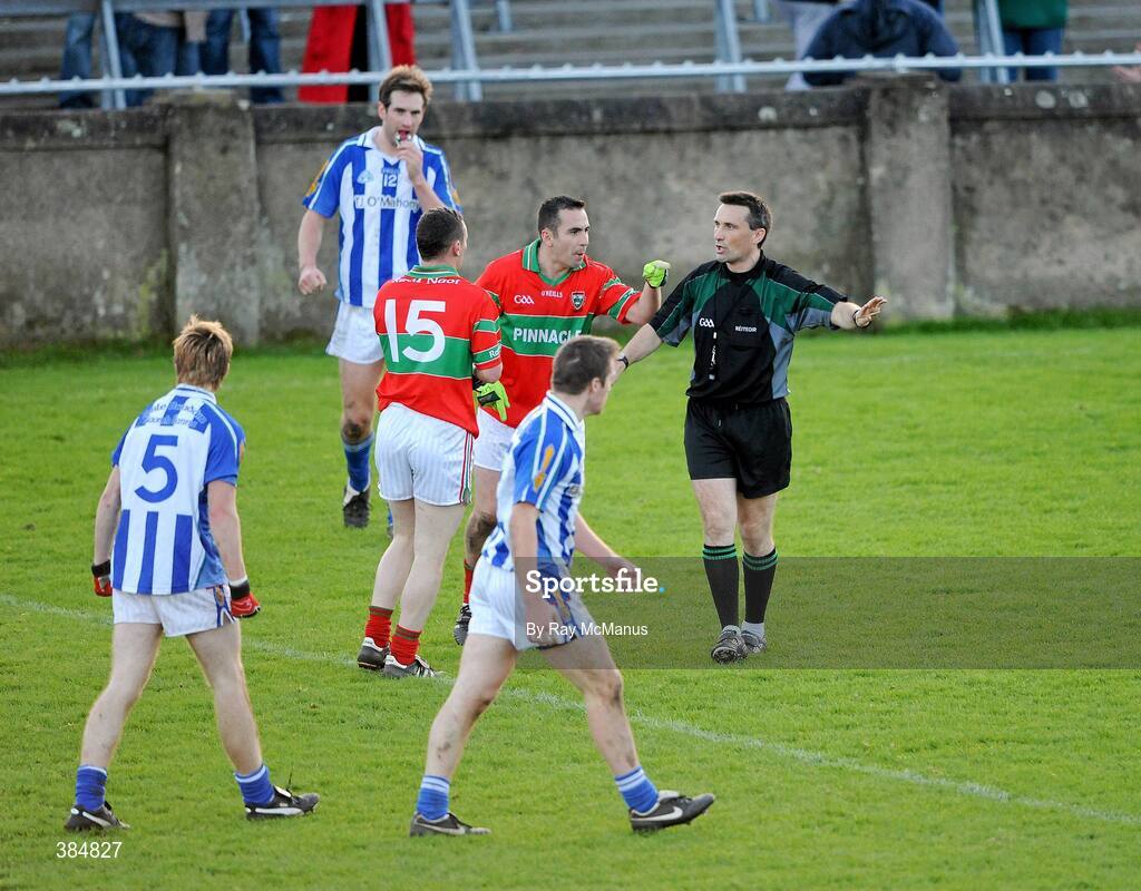 8 November 2009; Rathnew's Barry Mernagh remonstrates with match referee Maurice Deegan after he had blown the final whistle. AIB GAA Football Leinster Senior Club Championship Quarter-Final, Ballyboden St. Enda's v Rathnew, Parnell Park, Dublin. Picture credit: Ray McManus / SPORTSFILE
