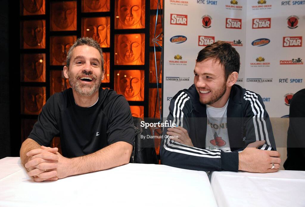 12 November 2009; Andy Lee, right, with his trainer, Joey Gamache, during a press confernece ahead of the Yanjing Fight Night on Saturday. The Jasmine Palace Restaurant, O’Connell Street, Limerick. Picture credit: Diarmuid Greene / SPORTSFILE