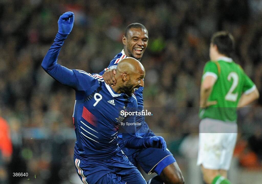 14 November 2009; Nicolas Anelka, France, celebrates with team-mate Eric Abidal, after scoring his side's first goal. FIFA 2010 World Cup Qualifying Play-off 1st Leg, Republic of Ireland v France, Croke Park, Dublin. Photo by Sportsfile