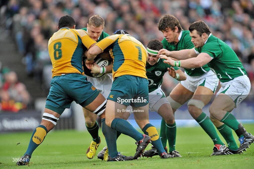 15 November 2009; Jamie Heaslip, Ireland, supported by, from left, Paddy Wallace, Donncha O'Callaghan, and Cian Healy in action against Wycliff Palu and Benn Robinson, Australia. Autumn International Guinness Series 2009, Ireland v Australia, Croke Park, Dublin. Picture credit: Brian Lawless / SPORTSFILE