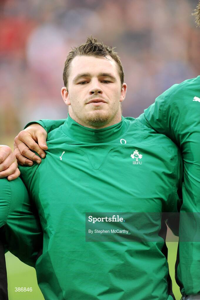 15 November 2009; New Ireland cap Cian Healy during the National Anthem. Autumn International Guinness Series 2009, Ireland v Australia, Croke Park, Dublin. Picture credit: Stephen McCarthy / SPORTSFILE