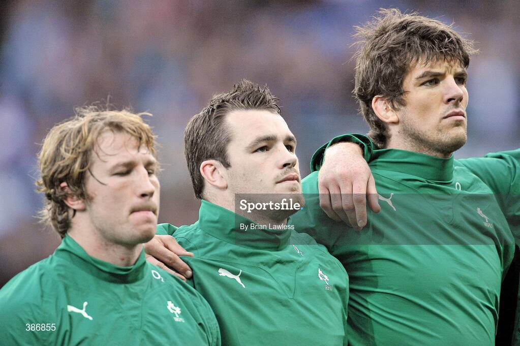 15 November 2009; Ireland's Cian Healy, centre, with Jerry Flannery, left, and Donnacha O'Callaghan, during the National Anthem. Autumn International Guinness Series 2009, Ireland v Australia, Croke Park, Dublin. Picture credit: Brian Lawless / SPORTSFILE