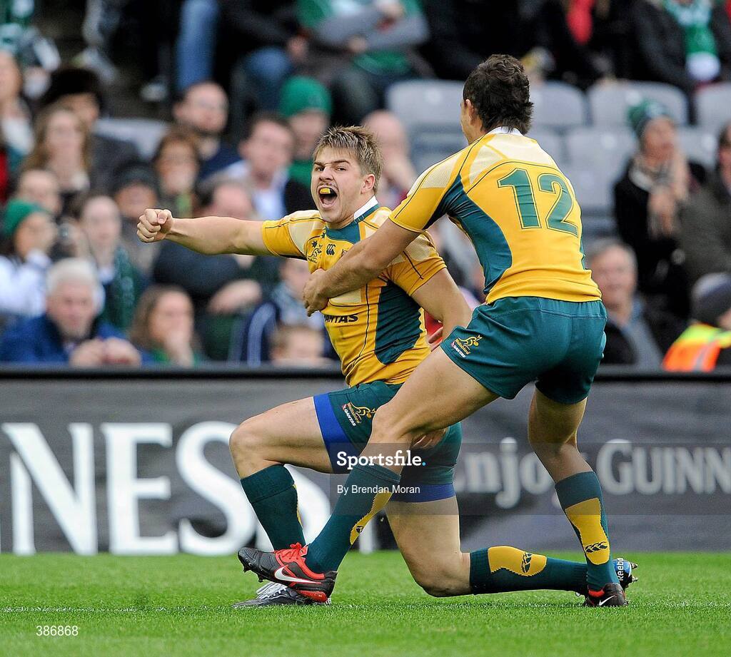 15 November 2009; Drew Mitchell, Australia, celebrates after scoring his side's first try with team-mate Quade Cooper. Autumn International Guinness Series 2009, Ireland v Australia, Croke Park, Dublin. Picture credit: Brendan Moran / SPORTSFILE