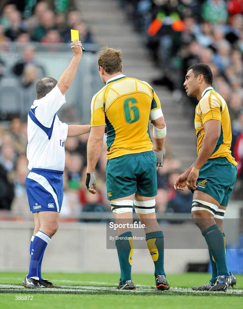 15 November 2009; Wycliff Palu, right, Australia, is shown a yellow card by referee Jonathan Kaplan. Autumn International Guinness Series 2009, Ireland v Australia, Croke Park, Dublin. Picture credit: Brendan Moran / SPORTSFILE