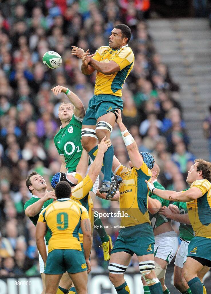 15 November 2009; Jamie Heaslip, Ireland, wins possession in the lineout against Wycliff Palu, Australia. Autumn International Guinness Series 2009, Ireland v Australia, Croke Park, Dublin. Picture credit: Brian Lawless / SPORTSFILE