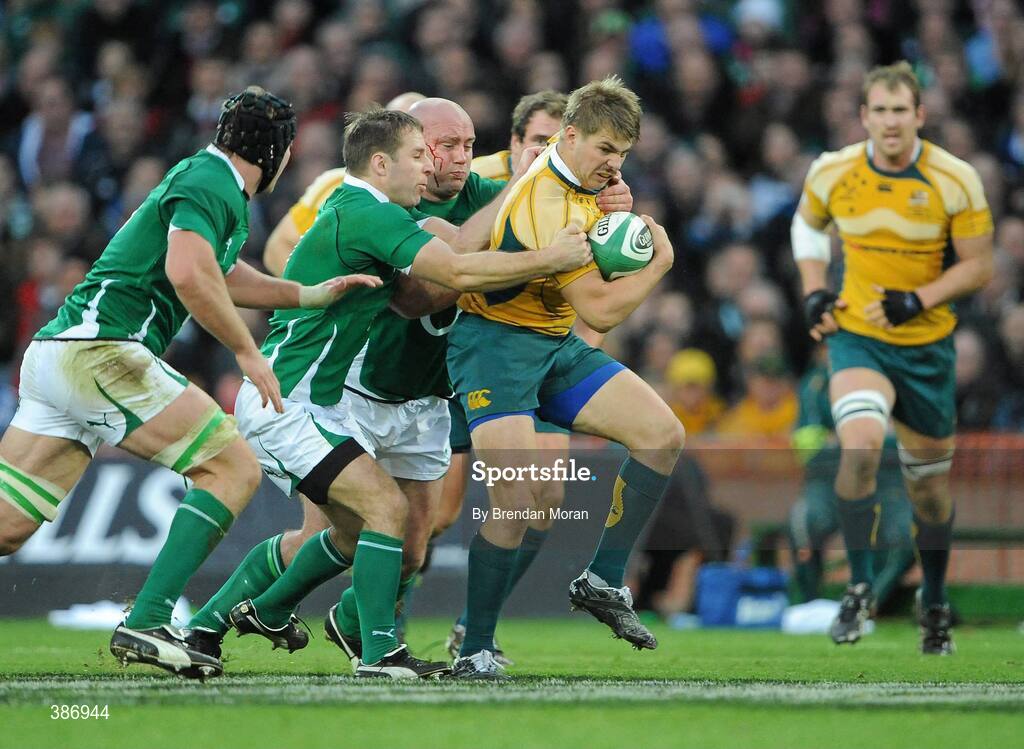 15 November 2009; Drew Mitchell, Australia, is tackled by Tomas O'Leary and John Hayes, Ireland. Autumn International Guinness Series 2009, Ireland v Australia, Croke Park, Dublin. Picture credit: Brendan Moran / SPORTSFILE