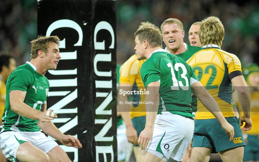 15 November 2009; Brian O'Driscoll, Ireland, right, celebrates with team-mate Tommy Bowe, left, after scoring his side's second try. Autumn International Guinness Series 2009, Ireland v Australia, Croke Park, Dublin. Picture credit: Stephen McCarthy / SPORTSFILE