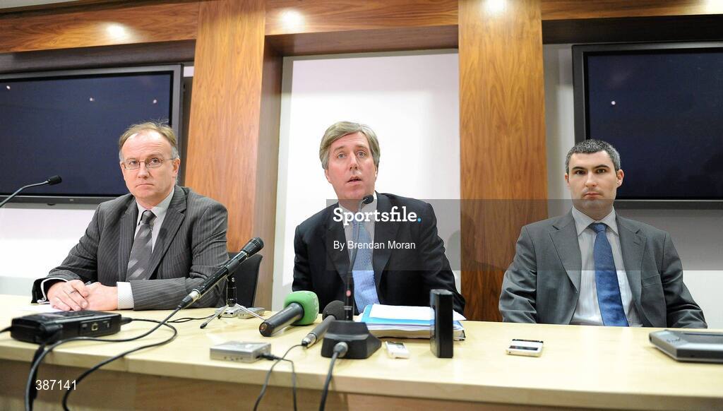 7 November 2009; Fran Gavin, left, Director of the League of Ireland, John Delaney, Chief Executive, FAI and Padraig Smith, right, FAI Internal Licensing Compliant Officer after an FAI Board Meeting which determined the fate of Derry City. FAI Headquarters, Abbotstown, Co. Dublin. Picture credit: Brendan Moran / SPORTSFILE