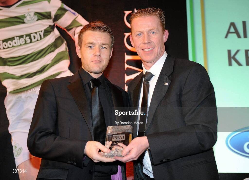 15 November 2009; Alan Kelly, left, is presented with the Referee of the Year award by Stephen McGuinness, General Secretary, Professional Footballers Association of Ireland. PFAI Ford Awards 2009, The Burlington Hotel, Dublin. Picture credit: Brendan Moran / SPORTSFILE