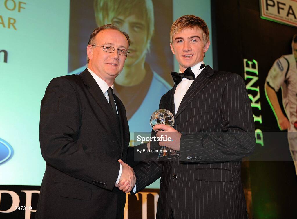 15 November 2009; Ronan Finn of UCD is presented with the PFAI First Division Player of the Year 2009 by Fran Gavin, Director of the League of Ireland. PFAI Ford Awards 2009, The Burlington Hotel, Dublin. Picture credit: Brendan Moran / SPORTSFILE