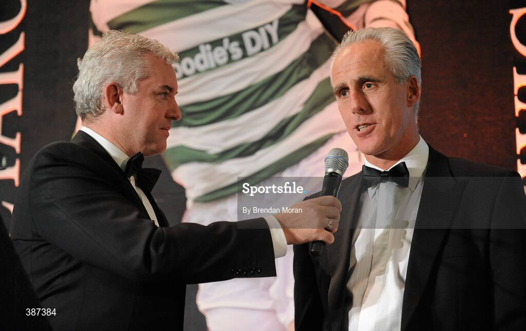 15 November 2009; Former Republic of Ireland player and manager Mick McCarthy being interviewed by MC Con Murphy. PFAI Ford Awards 2009, The Burlington Hotel, Dublin. Picture credit: Brendan Moran / SPORTSFILE