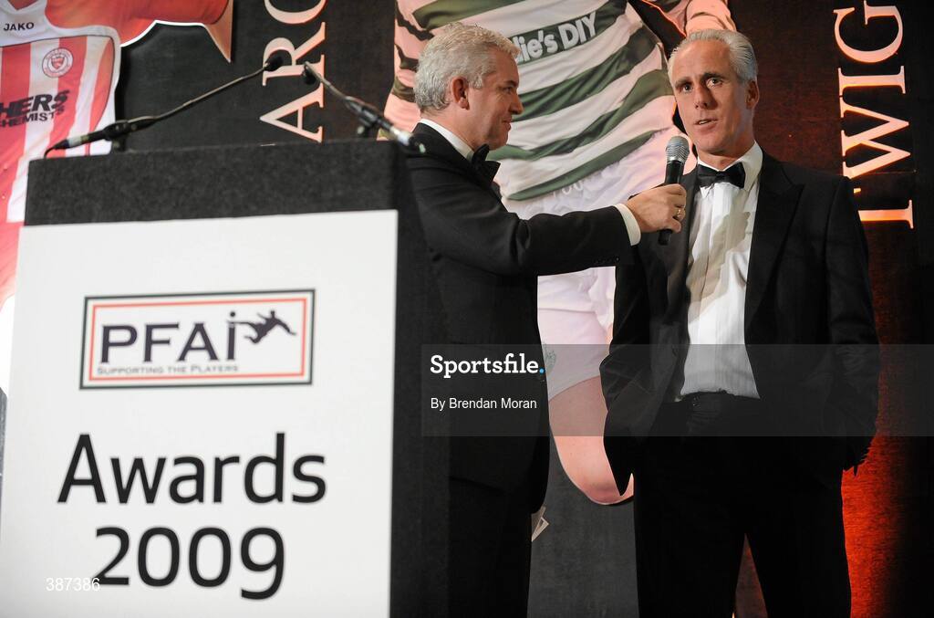 15 November 2009; Former Republic of Ireland player and manager Mick McCarthy being interviewed by MC Con Murphy. PFAI Ford Awards 2009, The Burlington Hotel, Dublin. Picture credit: Brendan Moran / SPORTSFILE