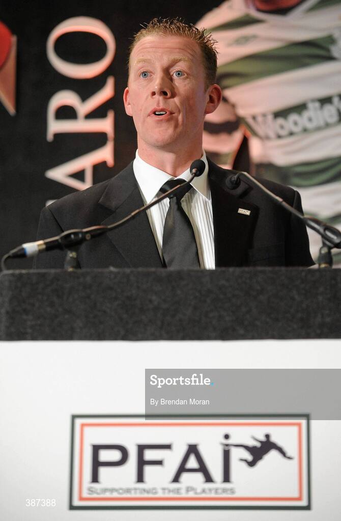 15 November 2009; Stephen McGuinness, General Secretary, Professional Footballers Association of Ireland, speaking at the awards. PFAI Ford Awards 2009, The Burlington Hotel, Dublin. Picture credit: Brendan Moran / SPORTSFILE