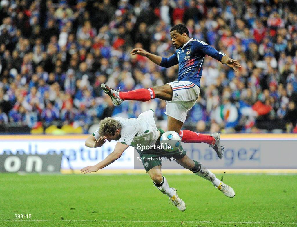 18 November 2009; Patrice Evra, France, in action against Liam Lawrence, Republic of Ireland. FIFA 2010 World Cup Qualifying Play-off 2nd Leg, Republic of Ireland v France, Stade de France, Saint-Denis, Paris, France. Picture credit: Stephen McCarthy / SPORTSFILE