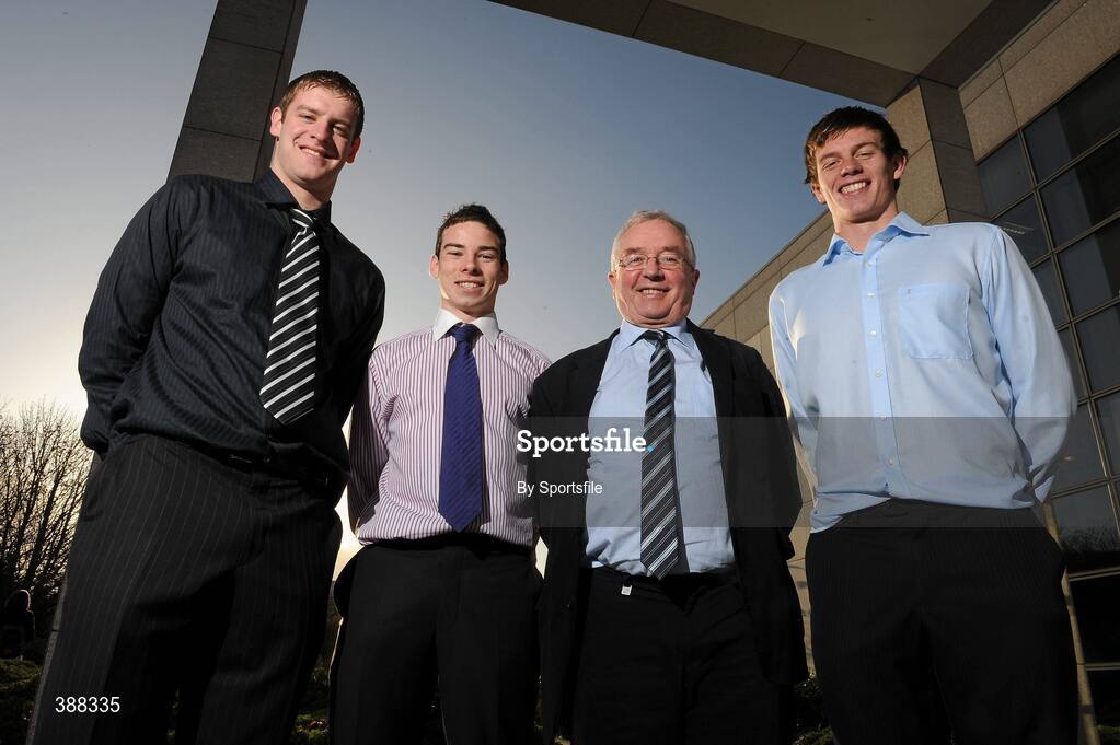 20 November 2009; Rising stars of gaelic football Laois footballer Donal Kingston, left and Westmeath footballer John Heslin, right, with John Kilroy, Roscommon and Seamus Faolain, Year Head, Colaiste Mhuire, Mullingar at the announcement of the first year UCD Sports Scholarship recipients for 2009/10 in Belfield today. O'Reilly Hall, UCD, Belfield, Dublin. Photo by Sportsfile