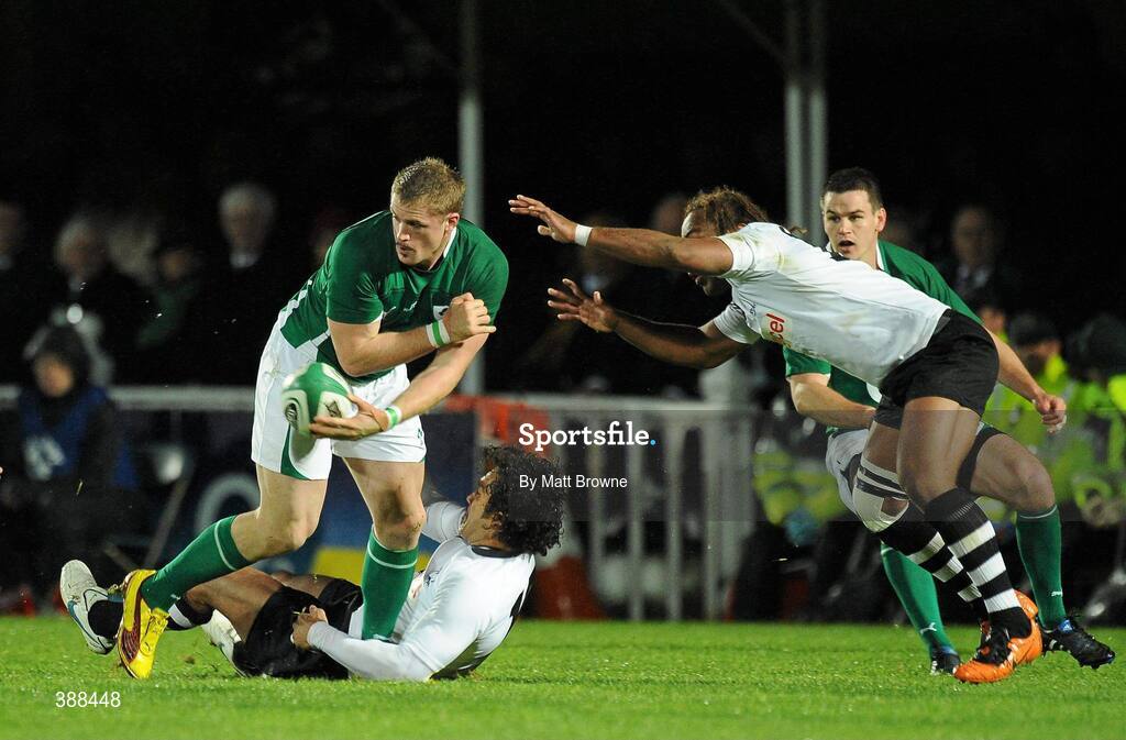 21 November 2009; Jamie Heaslip, Ireland, is tackled by Nicky Little, on the ground, and Gabirielo Lovobalavu, Fiji. Autumn International Guinness Series 2009, Ireland v Fiji, Royal Dublin Society, Ballsbridge, Dublin. Picture credit: Matt Browne / SPORTSFILE