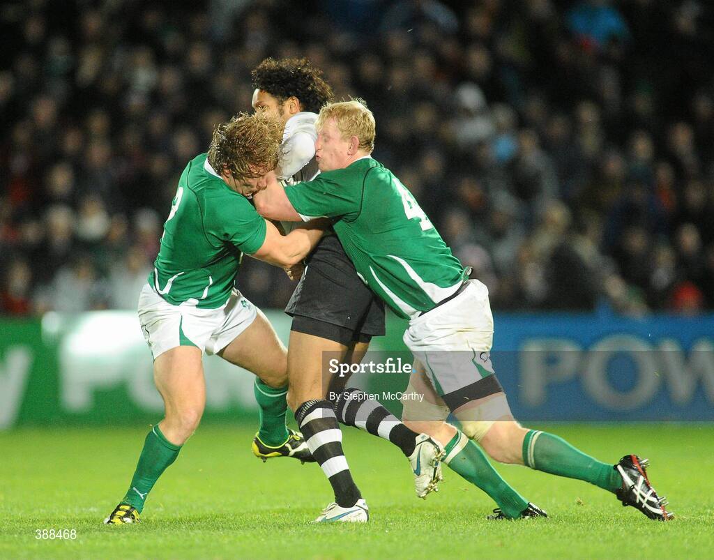 21 November 2009; Nicky Little, Fiji, is tackled by Jerry Flannery, left, and Leo Cullen, right, Ireland. Autumn International Guinness Series 2009, Ireland v Fiji, Royal Dublin Society, Ballsbridge, Dublin. Picture credit: Stephen McCarthy / SPORTSFILE