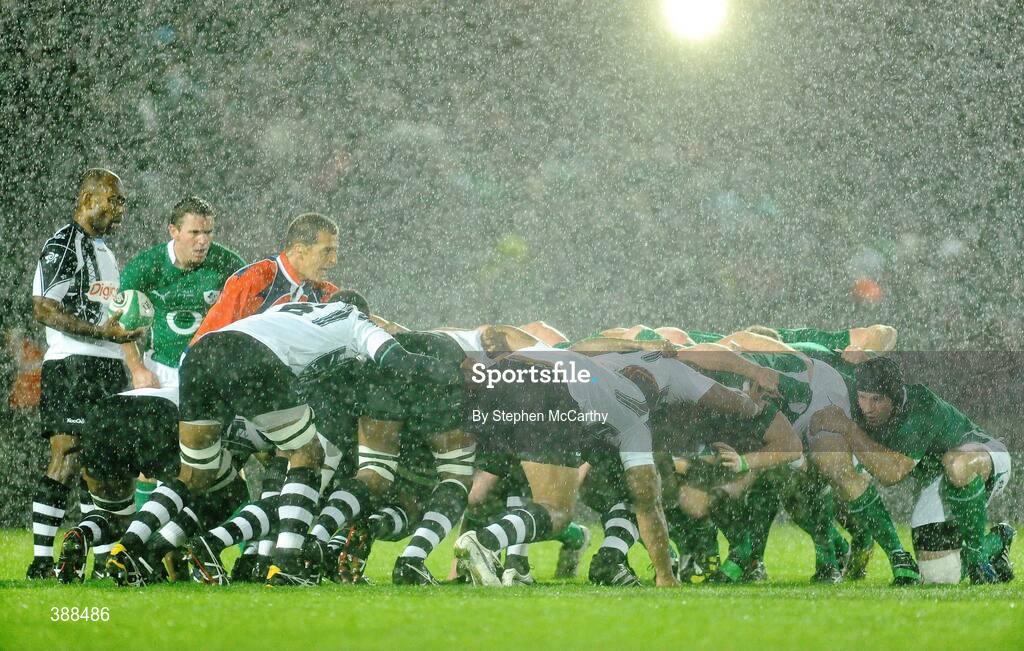 21 November 2009; A general view of a first half scrum during torrential rain. Autumn International Guinness Series 2009, Ireland v Fiji, Royal Dublin Society, Ballsbridge, Dublin. Picture credit: Stephen McCarthy / SPORTSFILE
