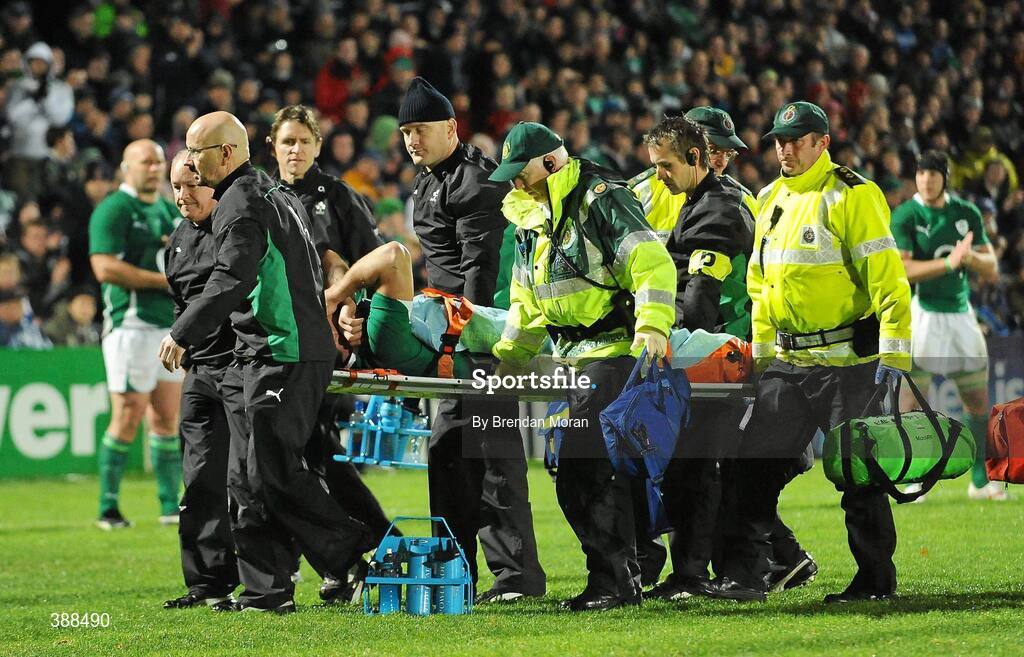 21 November 2009; A distraught Denis Leamy, Ireland, is takes from the pitch with a suspected leg injury. Autumn International Guinness Series 2009, Ireland v Fiji, Royal Dublin Society, Ballsbridge, Dublin. Picture credit: Brendan Moran / SPORTSFILE