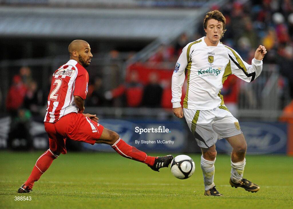 22 November 2009; Shane McFaul, Sporting Fingal, in action against Romauld Boco, Sligo Rovers. FAI Ford Cup Final, Sligo Rovers v Sporting Fingal, Tallaght Stadium, Dublin. Picture credit: Stephen McCarthy / SPORTSFILE