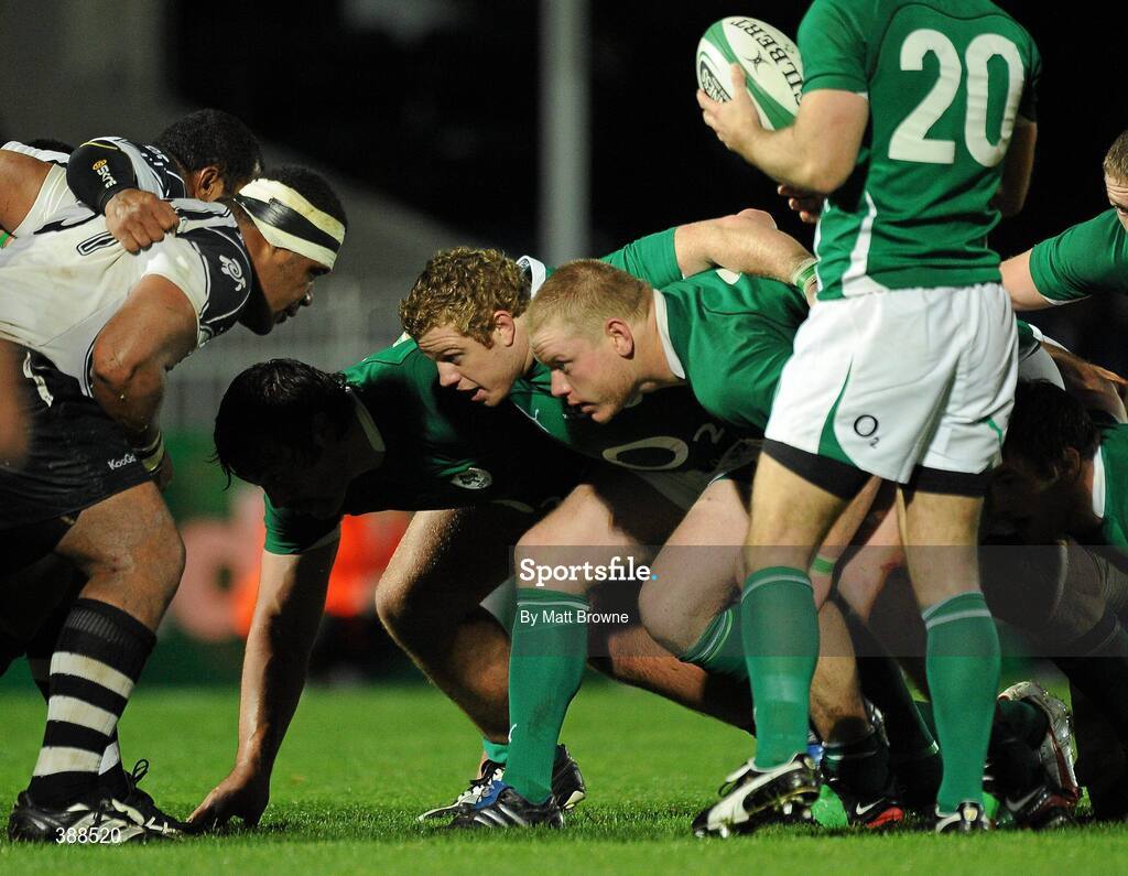 21 November 2009; Ireland's Sean Cronin and Tom Court  get reddy to scrum doen against Fiji. Autumn International Guinness Series 2009, Ireland v Fiji, Royal Dublin Society, Ballsbridge, Dublin. Picture credit: Matt Browne / SPORTSFILE