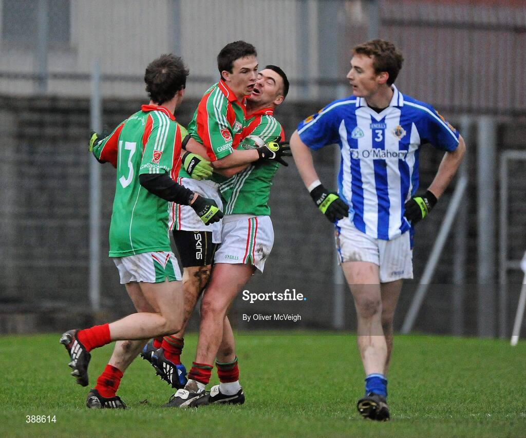22 November 2009; Mark McCallon, Garrycastle, centre, turns to celebrate with Patrick Mulvhill, right, after scoring a second half goal. Garrycastle v Ballyboden St Enda's - AIB GAA Football Leinster Club Senior Championship Semi-Final, Cusack Park, Mullingar, Co. Westmeath. Picture credit: Oliver McVeigh / SPORTSFILE