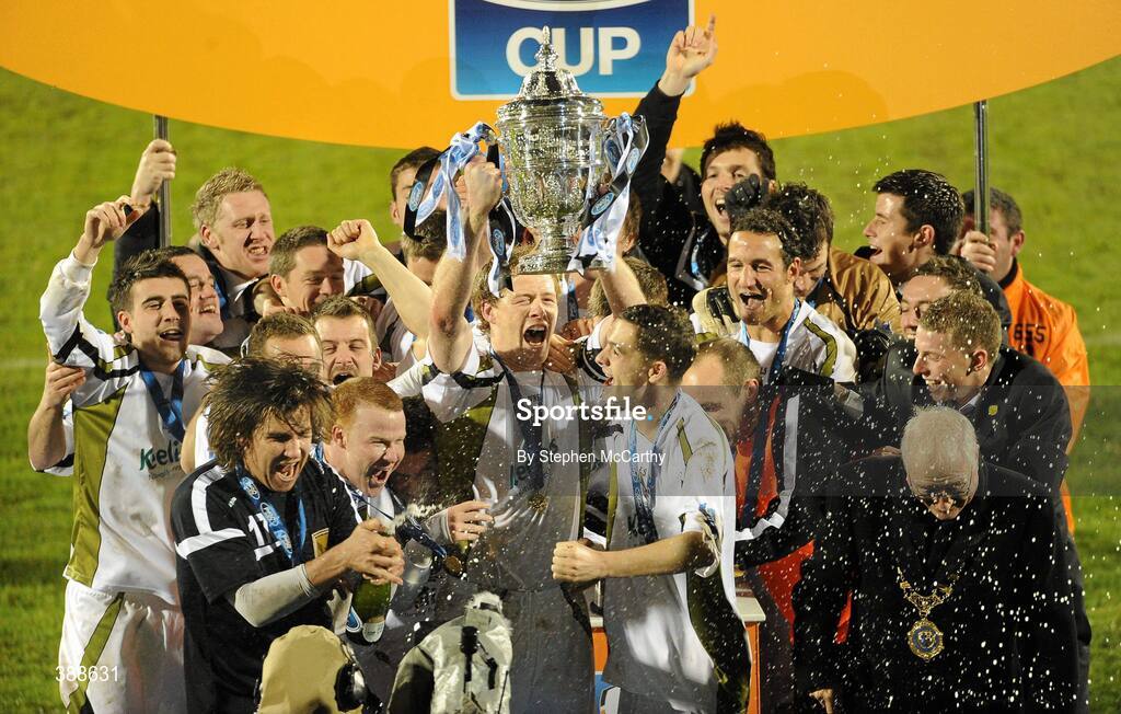 22 November 2009; Sporting Fingal captain Stephen Paisley lifts the cup surrouded by team-mates. FAI Ford Cup Final, Sligo Rovers v Sporting Fingal, Tallaght Stadium, Dublin. Picture credit: Stephen McCarthy / SPORTSFILE
