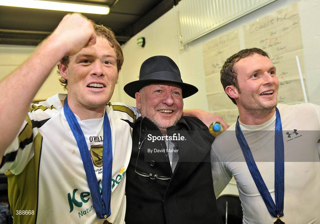 22 November 2009; Sporting Fingal owner Gerry Gannon, centre, celebrates with Stephen Paisley, left and Conan Byrne in the team dressing room at the end of the game. FAI Ford Cup Final, Sligo Rovers v Sporting Fingal, Tallaght Stadium, Dublin. Picture credit: David Maher / SPORTSFILE