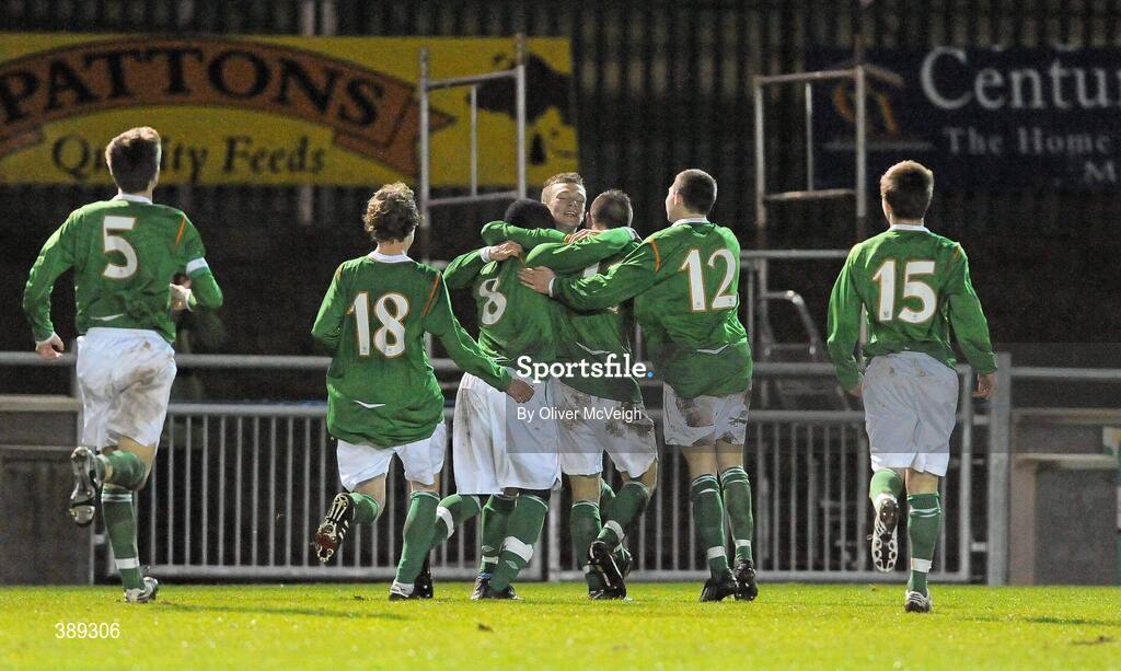 26 November 2009; Republic of Ireland's Mickey Drennan, centre, is congratulated by team-mates after scoring his side's second goal. U16 International Friendly, Republic of Ireland v Czech Republic, Kingspan Century Park, Monaghan. Picture credit: Oliver McVeigh / SPORTSFILE