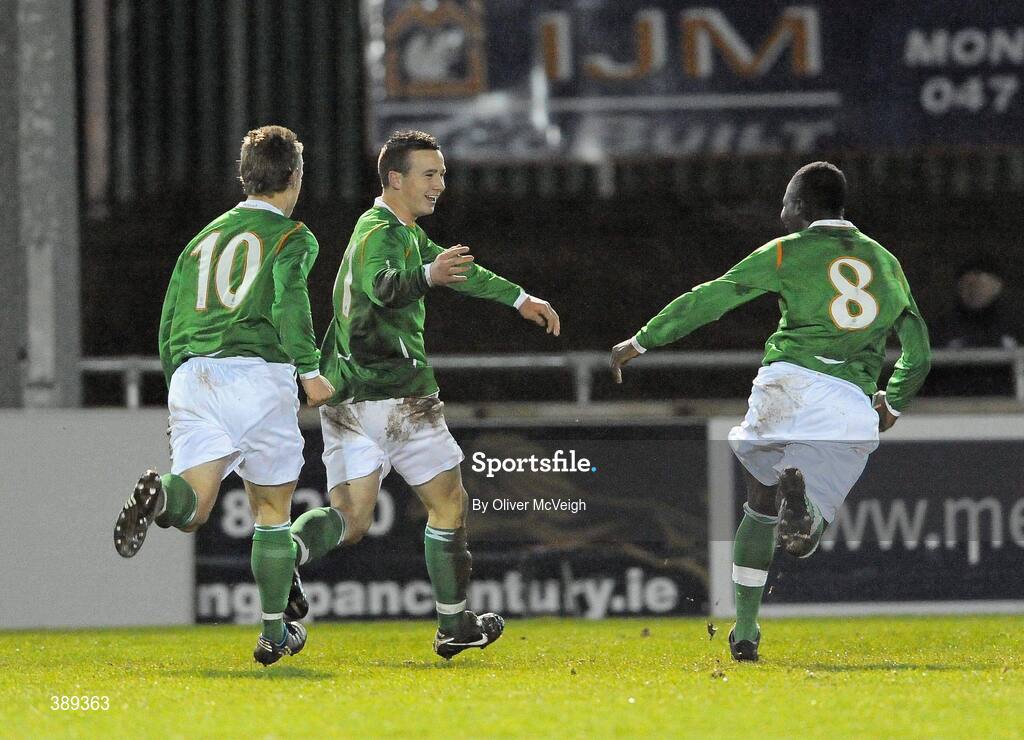 26 November 2009; Republic of Ireland's Mickey Drennan,  centre, celebrates with team-mates Kealan Dillon, left, and Sami Ade Osobe after scoring his side's second goal. U16 International Friendly, Republic of Ireland v Czech Republic, Kingspan Century Park, Monaghan. Picture credit: Oliver McVeigh / SPORTSFILE