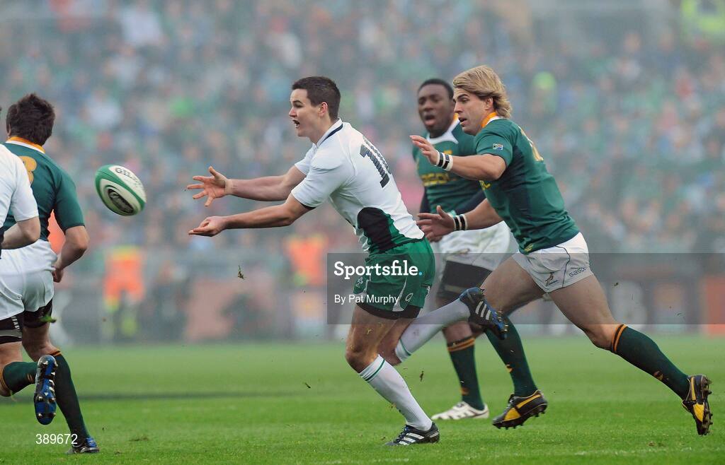 28 November 2009; Jonathan Sexton, Ireland, is tackled by Schalk Burger, South Africa. Autumn International Guinness Series 2009, Ireland v South Africa, Croke Park, Dublin. Picture credit: Pat Murphy / SPORTSFILE