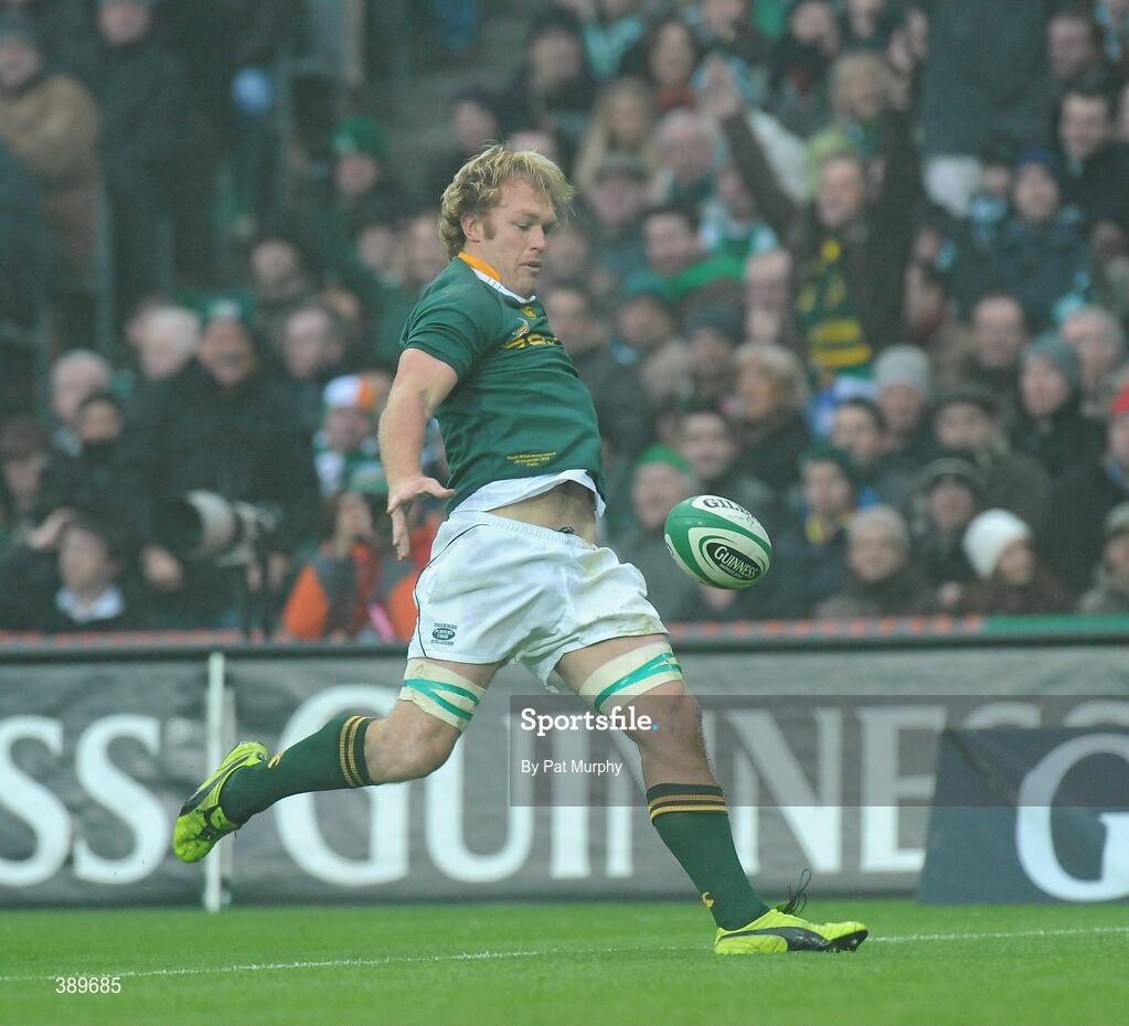 28 November 2009; Schalk Burger, South Africa, kicks the ball away after scoring his side's first try. Autumn International Guinness Series 2009, Ireland v South Africa, Croke Park, Dublin. Picture credit: Pat Murphy / SPORTSFILE