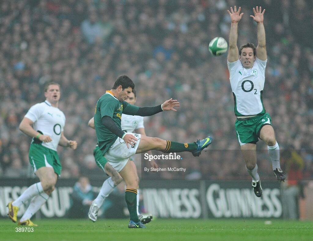28 November 2009; Morne Steyn, South Africa, gets his kick in despite the attention of Tomas O'Leary, Ireland. Autumn International Guinness Series 2009, Ireland v South Africa, Croke Park, Dublin. Picture credit: Stephen McCarthy / SPORTSFILE