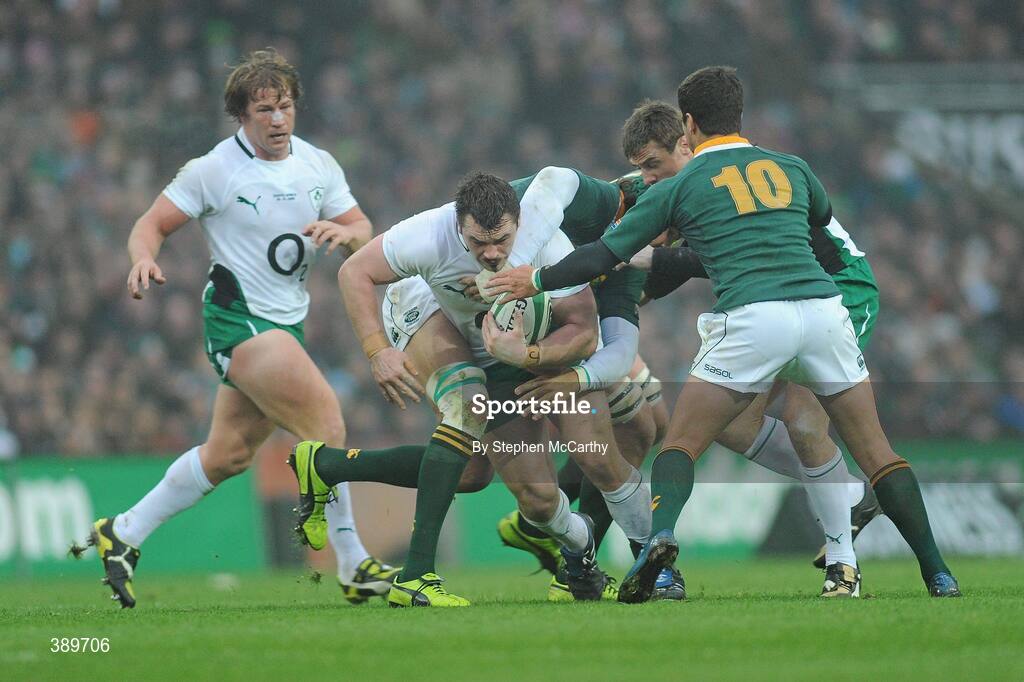 28 November 2009; Cian Healy, Ireland, is tackled by South Africa players, from left, Danie Rossouw, Victor Matfield and Morne Steyn. Autumn International Guinness Series 2009, Ireland v South Africa, Croke Park, Dublin. Picture credit: Stephen McCarthy / SPORTSFILE