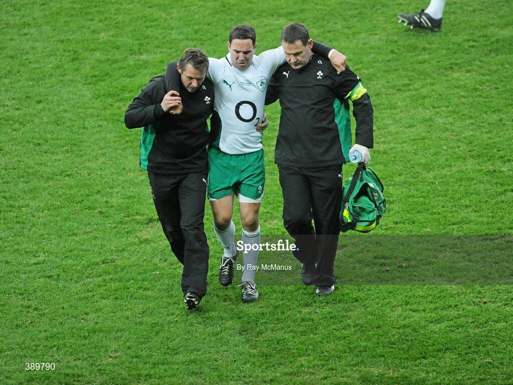 28 November 2009; Paddy Wallace, Ireland, is taken from the pitch with an injury. Autumn International Guinness Series 2009, Ireland v South Africa, Croke Park, Dublin. Picture credit: Ray McManus / SPORTSFILE