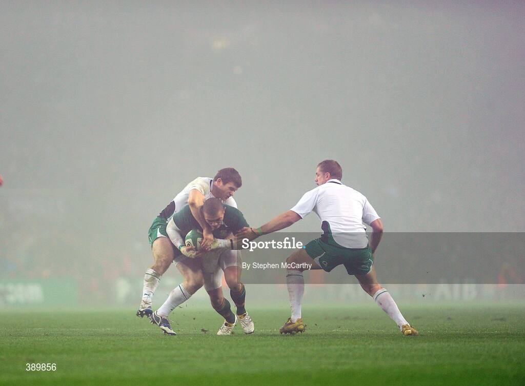 28 November 2009; Bryan Habana, South Africa, is tackled by Gordon D'Arcy, left, and Jamie Heaslip, Ireland. Autumn International Guinness Series 2009, Ireland v South Africa, Croke Park, Dublin. Picture credit: Stephen McCarthy / SPORTSFILE