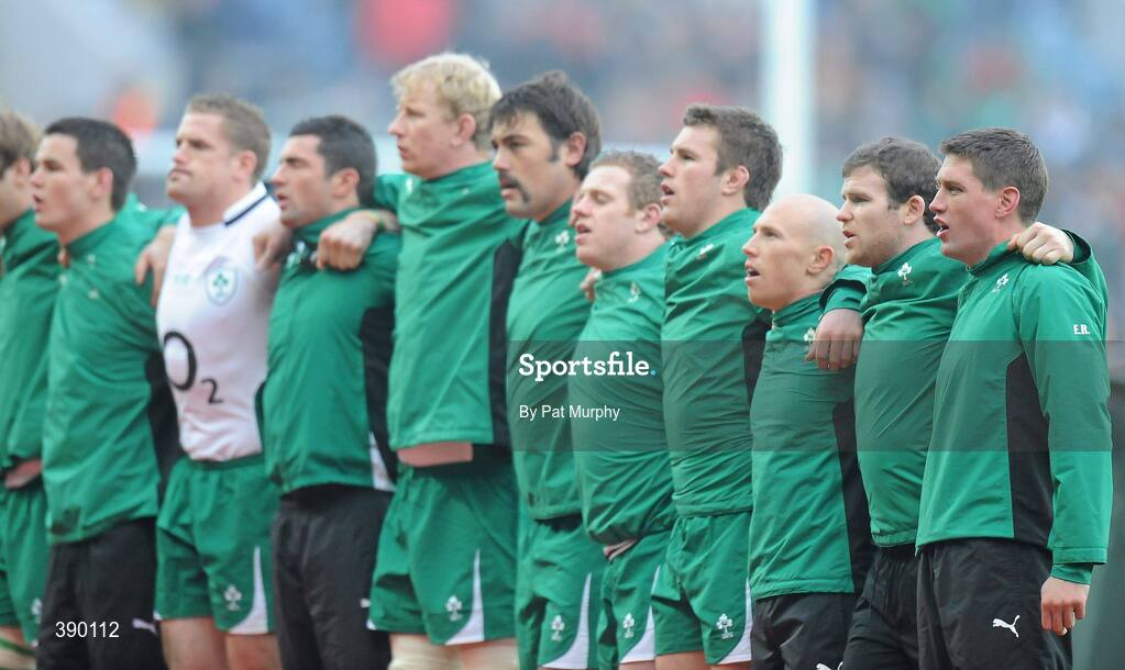 28 November 2009; The Ireland players line up for the National Anthems. Autumn International Guinness Series 2009, Ireland v South Africa, Croke Park, Dublin. Picture credit: Pat Murphy / SPORTSFILE